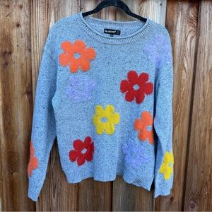 Blank NYC Light Heather Gray Crewneck Sweater with Multicolor Floral Appliqués